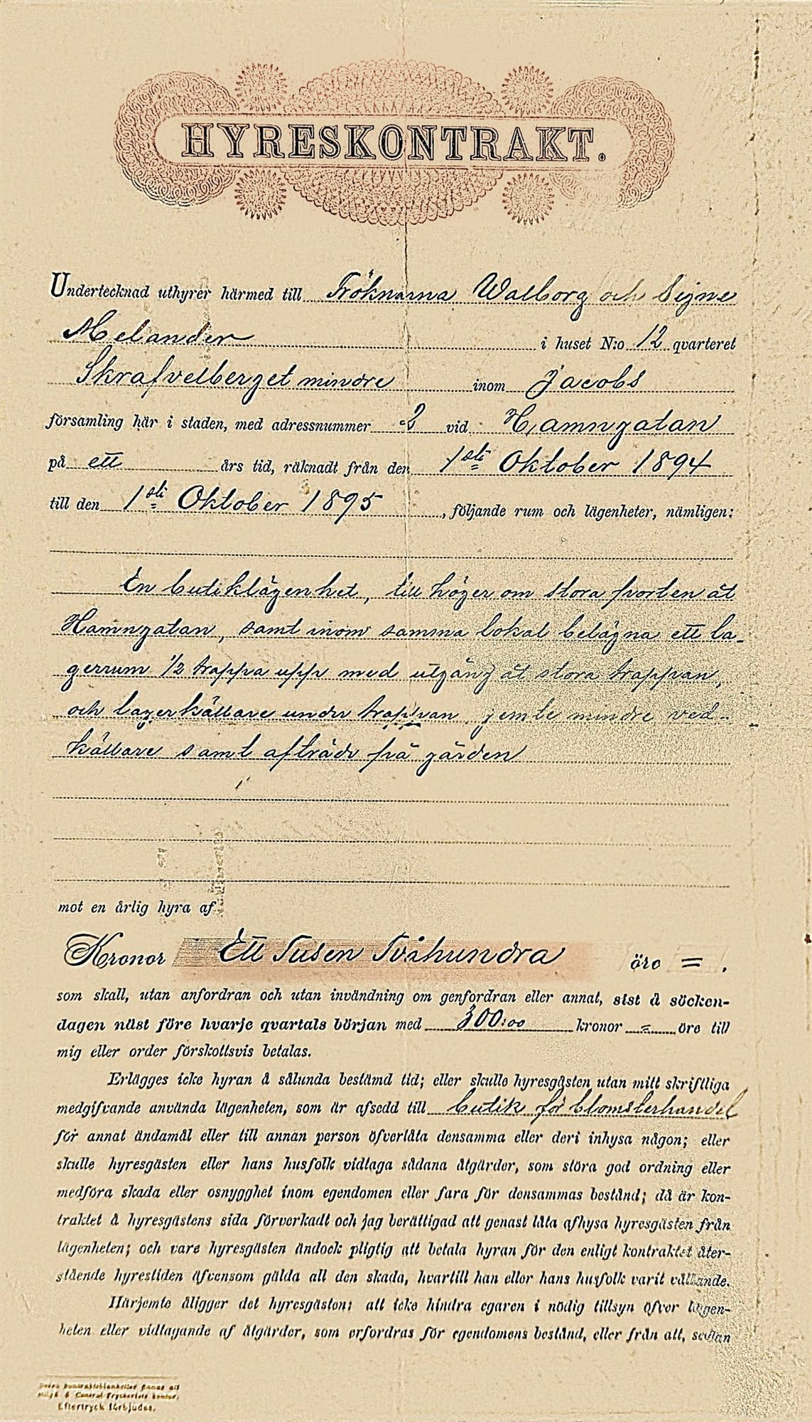 Hyreskontrakt från 1894 för butiken på Hamngatan 2