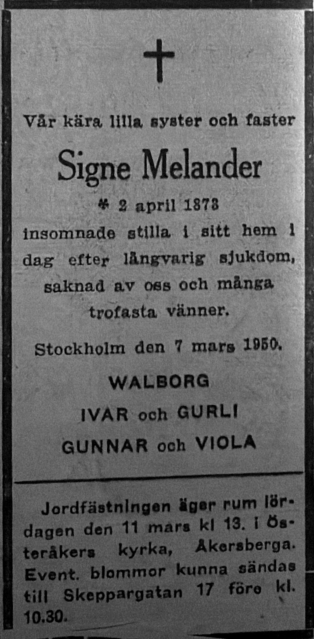 Dödsannons för Signe Melander 1950