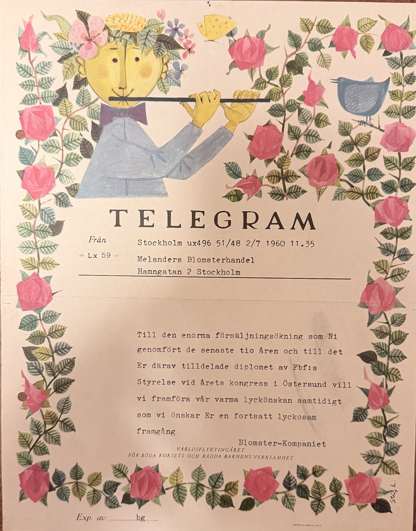 Lyxtelegram från 1960 med flöjtspelare och rosor