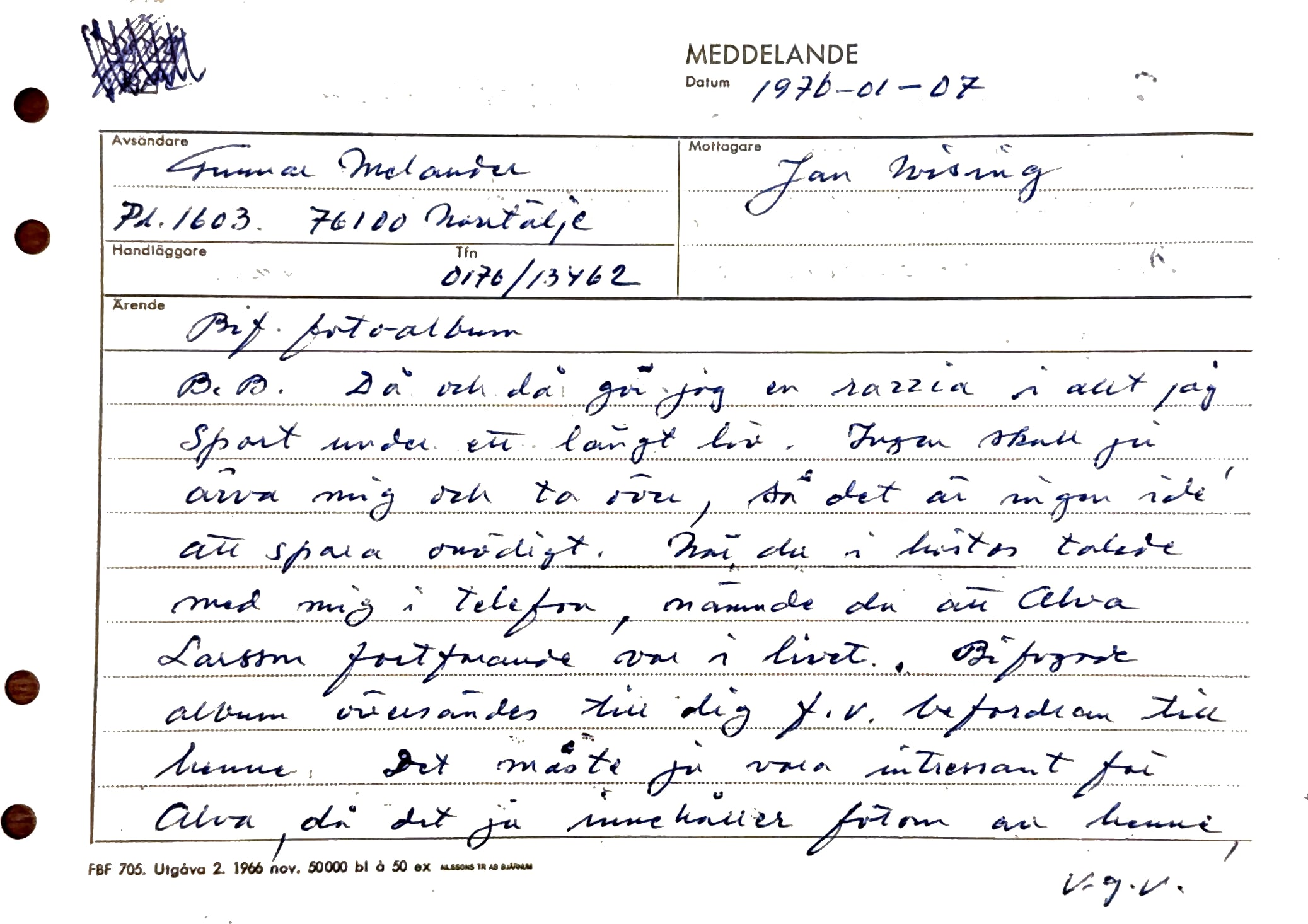 Handskrivet brev från Gunnar Melander till Jan Wising 1976